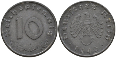 Германия 10 рейхспфеннигов 1943 A KM 101, J.371 цинк 4151-221