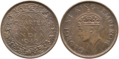 Британская Индия 1/4 анна 1942 Георг VI (1937-1952) KM 531 бронза aUNC 4364-2326