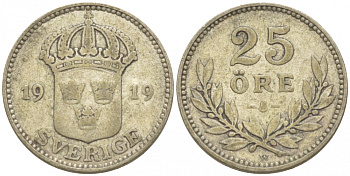 Швеция 25 эре 1919 W, Густав V (1907-1950) KM 785 серебро 3309-913