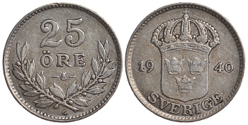 Швеция 25 эре 1940 G, Густав V (1907-1950) KM 785 серебро 4179-853