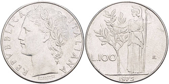 ИТАЛИЯ 100 ЛИР 1975 R, АФИНА У ОЛИВКОВОГО ДЕРЕВА KM 96.1 нержавеющая сталь 4545-712