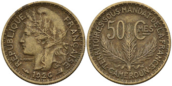 Камерун 50 сантимов 1926 (a), мондвор Париж KM 1 алюминиевая бронза 4169-1127