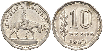 Аргентина 10 песо 1963 Гаучо KM 60 никелированная сталь 219-1241