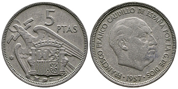 ИСПАНИЯ 5 ПЕСЕТ 1957 (60) ФРАНСИСКО ФРАНКО ДИКТАТОР ИСПАНИИ (1939-1975) KM 786 медно-никель 4110-1512