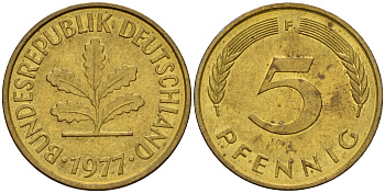 ФРГ 5 пфеннигов 1977 F J.382, KM 107 сталь плакированная латунью    4598-963
