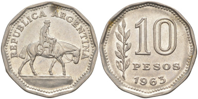 Аргентина 10 песо 1963 Гаучо KM 60 никелированная сталь 219-1241