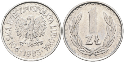 Польша 1 злотый 1985 MW, Народная Республика KM 49.1, Parchimowicz 213x алюминий 4591-715