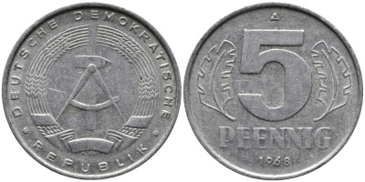 ГДР 5 ПФЕННИГОВ 1968 А KM 9.1 алюминий 33-317