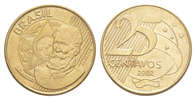 Бразилия 25 сентаво 2002 KM 650 сталь плакированная латунью 4642-1121
