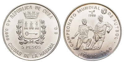 Куба 5 песо 1988 Чемпионат мира по футболу 1990, Италия KM 216 серебро BU 603-632