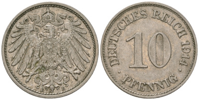 Германия 10 пфеннигов 1914 E KM 12, J. 13 медно-никель 4589-616