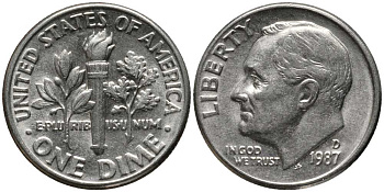 США 10 ЦЕНТОВ = 1 ДАЙМ 1987 D, РУЗВЕЛЬТ KM 195а медь плакированная медно-никелем 112-645