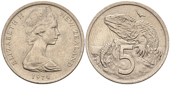 Новая Зеландия 5 центов 1974 Елизавета II (1952-2022), ящерица гаттерия KM 34.1 медно-никель 4602-662