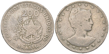 Бразилия 200 реалов 1901 MCMI, голова свободы вправо KM 504 медно-никель 4612-415