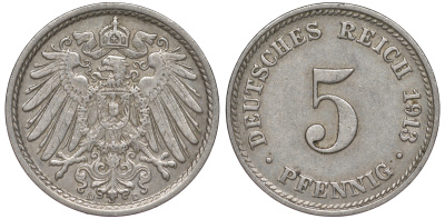 ГЕРМАНИЯ 5 ПФЕННИГОВ 1913 D, KM 11, J. 12 медно-никель 45-1135