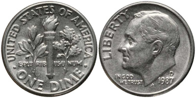 США 10 ЦЕНТОВ = 1 ДАЙМ 1987 D, РУЗВЕЛЬТ KM 195а медь плакированная медно-никелем 112-645