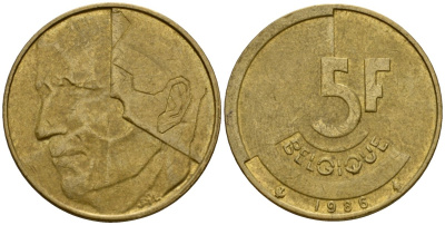 Бельгия 5 франков 1986 Belgique, Бодуэн I (1951-1993) KM 163 алюминиевая бронза 4601-141