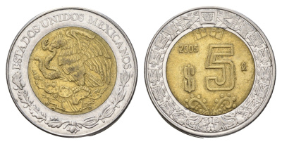 Мексика 5 песо 2005 KM 605 биметалл 4675-314