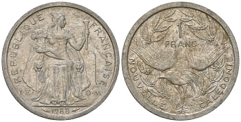 Французская Новая Каледония 1 франк 1988 птица кагу, (IEOM) KM 10, Schoen 10, Lec 48 алюминий 51-3815