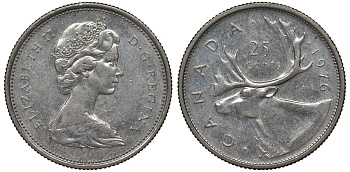 Канада 25 центов 1976 олень карибу, Елизавета II (1952-2022) KM 62b никель 4128-647