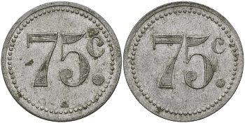 ФРАНЦИЯ 75 САНТИМОВ ND ПЛАТЕЖНЫЙ ЖЕТОН НАЧАЛА XX ВЕКА, ЦИФРЫ НОМИНАЛА 11 ММ., ДИАМЕТР 24 ММ. алюминий 65-327