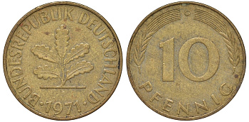ФРГ 10 пфеннигов 1971 C KM 108, J. 383 сталь плакированная латунью 4132-543