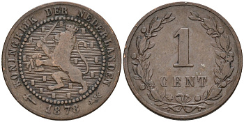 Нидерланды 1 цент 1878 Виллем III (1849-1890) KM 107 бронза 4576-531