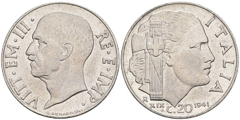 ИТАЛИЯ 20 ЧЕНТЕЗИМО 1941 R, ГОД XIX, ВИКТОР ЭММАНУИЛ III (1900-1946) KM 75b, VEM3. 1028 нержавеющая сталь 3853-616