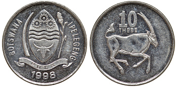Ботсвана 10 тхебе 1998 сернобык KM 27 никелированная сталь 4164-541