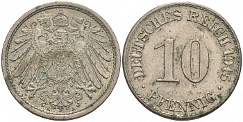 ГЕРМАНИЯ 10 ПФЕННИГОВ 1915 A J. 13, KM 12 медно-никель 73-1456