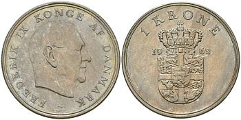 Дания 1 крона 1962 Фредерик IX (1947-1972) KM 851.1 медно-никель 4579-314