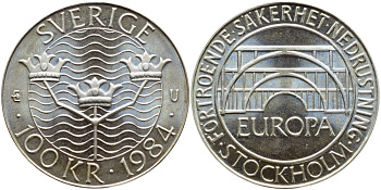 Швеция 100 крон 1984 Карл XVI Густав (1973- ), Стокгольмская конференция KM 863 серебро UNC 1072-5-34
