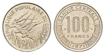 Конго 100 франков 1971 KM 1 никель aUNC 4671-124