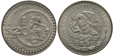 МЕКСИКА 20 ПЕСО 1980 КУЛЬТУРА МАЙЯ KM 486 медно-никель XF 118-932