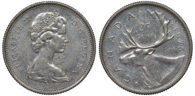 Канада 25 центов 1976 олень карибу, Елизавета II (1952-2022) KM 62b никель 4128-647