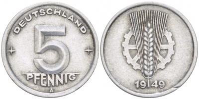ГДР 5 ПФЕННИГОВ 1949 А KM 2 алюминий 3955-547