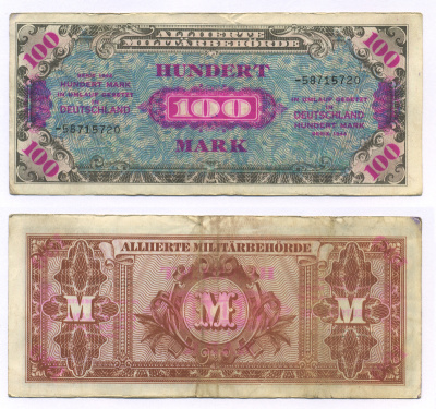 ГЕРМАНИЯ 100 МАРОК 1944 8 ЦИФР В НОМЕРЕ, ОККУПАЦИЯ ГЕРМАНИИ, ВТОРАЯ МИРОВАЯ ВОЙНА Pick 198b бумага 6300-14-3-2