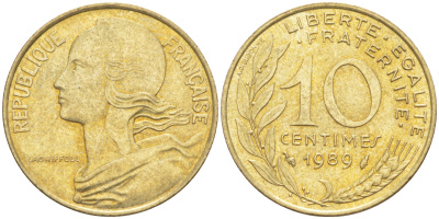 Франция 10 сантимов 1989 тип Marianne KM 929, le Franc 144.29 алюминиевая бронза 4511-941