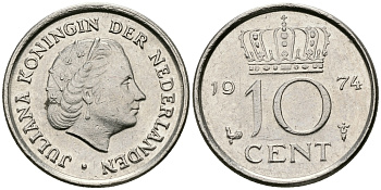 НИДЕРЛАНДЫ 10 ЦЕНТОВ 1974 ЮЛИАНА KM 182 никель 96-364