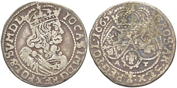 Польша 6 грошей (шостак) 1665 A-T, Ян II Казимир (1648-1668), вес 3,28 гр., легенда (IO CASIM) KM 91, Kopinski 114.6a серебро 1517-932