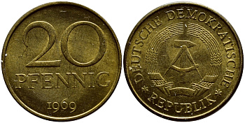 ГДР 20 пфеннигов 1969 А, первый год KM 11 латунь UNC 4398-1143