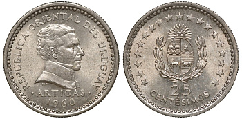 Уругвай 25 сентесимо 1960 KM 40 медно-никель 4169-812