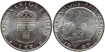 Швеция 1 крона 1987 Карл XVI Густав (1973- ) KM 852a медно-никель 4397-1212