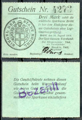 Германия, Брюль 3 марки 1914 нотгельд, 1914/1915 Diessner 52.8.b бумага UNC (пресс) 8614-43-3-2