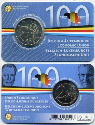 Бельгия 2 евро 2021 100 лет Бельгийско-Люксембургскому экономическому союзу, в оригинальном блистере KM 419 биметалл BU 5-6-3-21