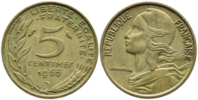 ФРАНЦИЯ 5 САНТИМОВ 1966 ТИП MARIANNE KM 933, LE FRANC 125.2 алюминиевая бронза 4392-456