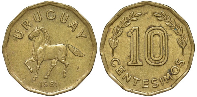 Уругвай 10 сентесимо 1981 KM 66 алюминиевая бронза 4169-512
