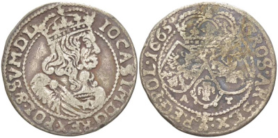 Польша 6 грошей (шостак) 1665 A-T, Ян II Казимир (1648-1668), вес 3,28 гр., легенда (IO CASIM) KM 91, Kopinski 114.6a серебро 1517-932