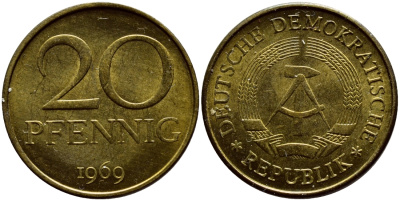 ГДР 20 пфеннигов 1969 А, первый год KM 11 латунь UNC 4398-1143