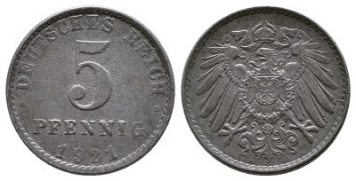 Германия 5 пфеннигов 1921 A KM 19, J. 297, Weege 5 железо 4380-159